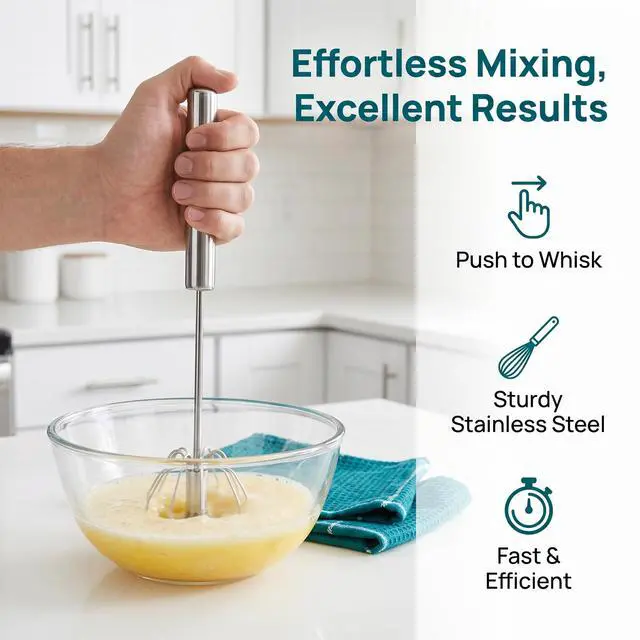 Alt view image 2 of 7 - Semi-Automatic Whisk,Stainless Steel Egg Whisk,Premium Stainless Steel Mixer for Kitchen Cooking,ldeal Egg Beater All Purpose Stirrer (10 inch)