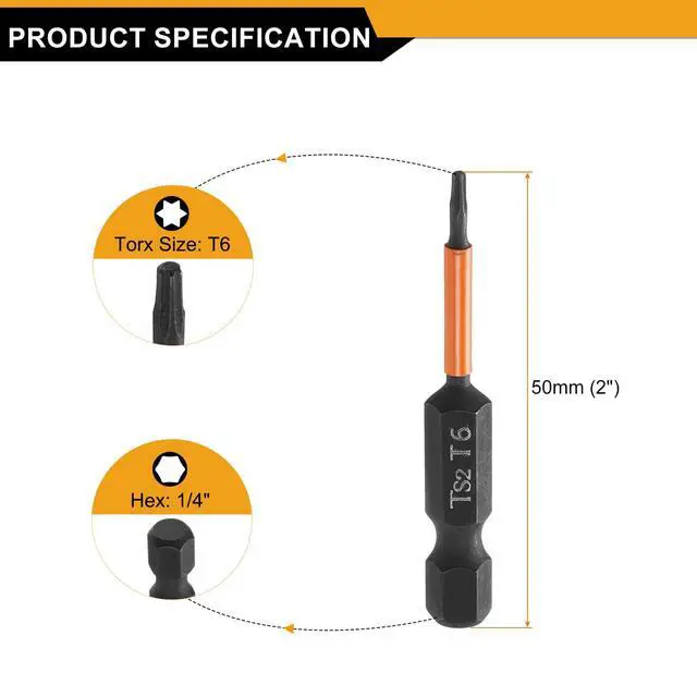 Alt view image 2 of 7 - 3pcs T6 Torx Head Screwdriver Bit 2" (50mm) Long 1/4" Hex Shank Magnetic No Hole Tamper Proof 6 Point Star Screw Driver Drill Bits Phosphate S2 Steel Industrial Power Tools