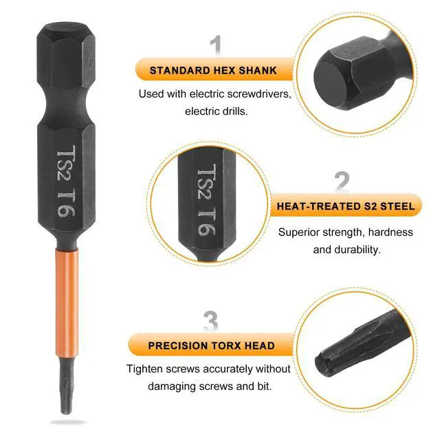 Alt view image 5 of 7 - 3pcs T6 Torx Head Screwdriver Bit 2" (50mm) Long 1/4" Hex Shank Magnetic No Hole Tamper Proof 6 Point Star Screw Driver Drill Bits Phosphate S2 Steel Industrial Power Tools