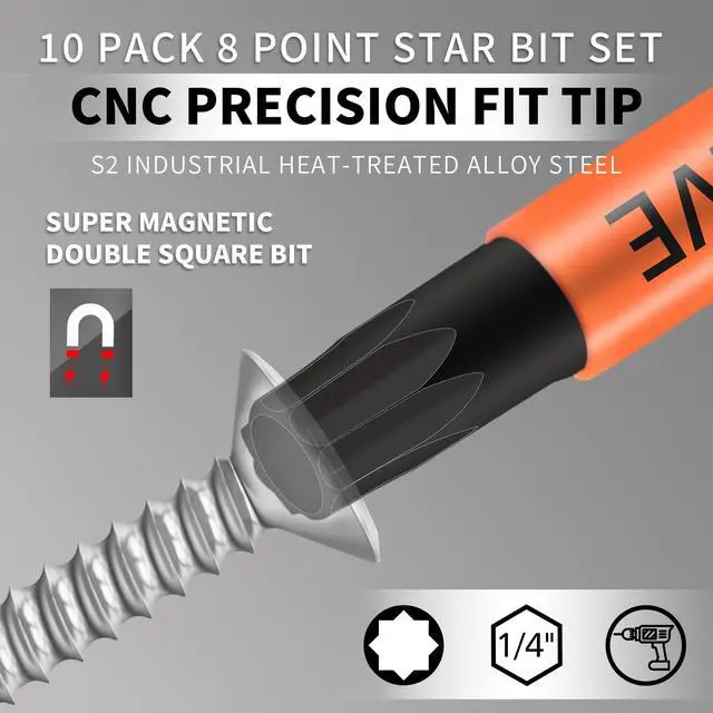 Alt view image 2 of 7 - 10-Pack 8 Point Torx Star & Double Square Bit Set - Premium S2 Alloy Steel with Magnetic Heads & Hex Shank, 8 Point Star Bit for Trailer (Sizes #1, #2, #3), by DYRECELVE