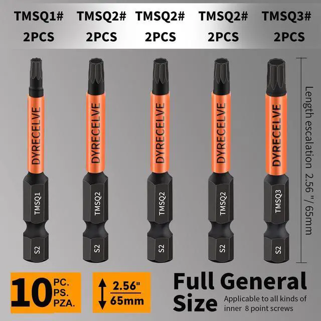 Alt view image 6 of 7 - 10-Pack 8 Point Torx Star & Double Square Bit Set - Premium S2 Alloy Steel with Magnetic Heads & Hex Shank, 8 Point Star Bit for Trailer (Sizes #1, #2, #3), by DYRECELVE