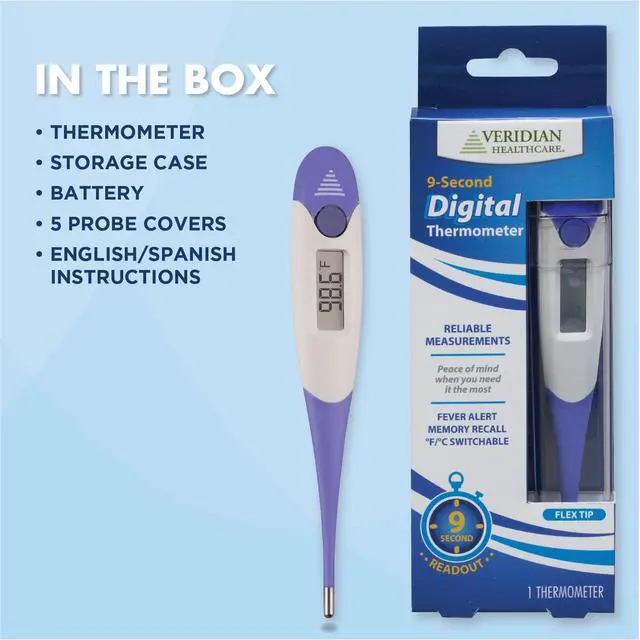 Alt view image 7 of 7 - Thermometer | 9-Second Readout | F C Temperature Modes| Flexible Tip | Hygienic Water-Resistant Easy Cleaning | Storage Case + Instructions Included