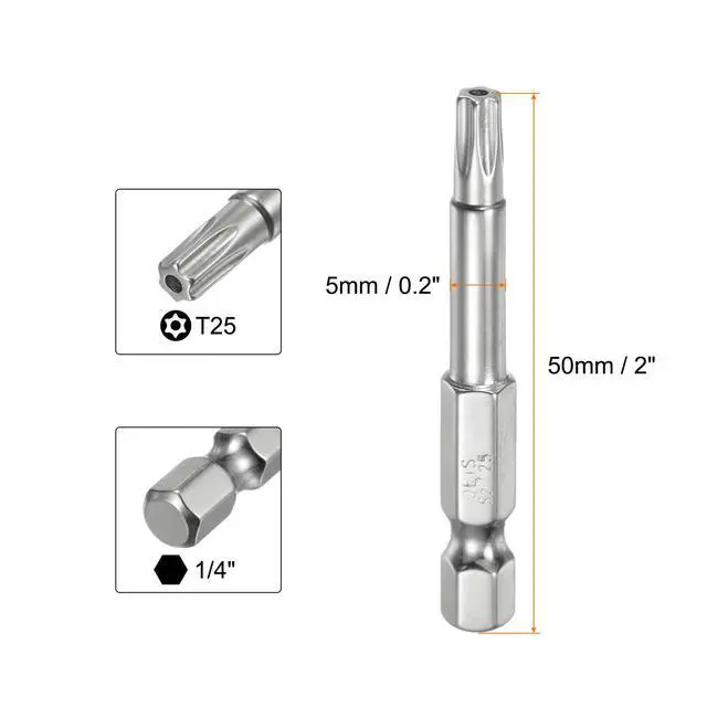 Alt view image 2 of 6 - 2pcs T25 Security Torx Bit 1/4" Hex Shank 2" Long S2 Steel Magnetic Tamper Resistant Star Bits Screwdriver Torx Head with Hole for Driver Drill Bits Remove Fastening Screws