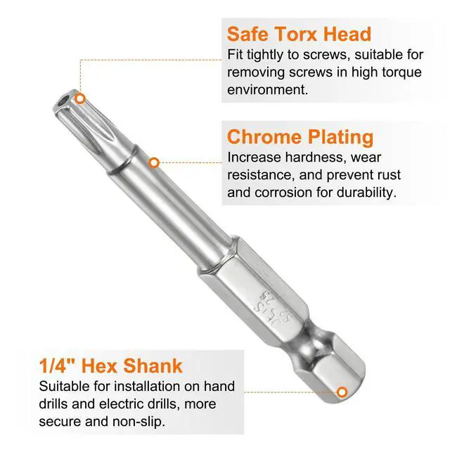 Alt view image 5 of 6 - 2pcs T25 Security Torx Bit 1/4" Hex Shank 2" Long S2 Steel Magnetic Tamper Resistant Star Bits Screwdriver Torx Head with Hole for Driver Drill Bits Remove Fastening Screws