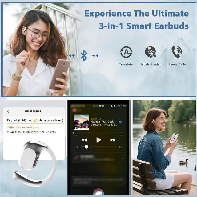 Alt view image 5 of 7 - AI Real-Time Translation Earbuds,144 Languages 3-in-1 Wireless Bluetooth Earbuds for iOS & Android, Business/Travel/Language Learning Translator Earphones with Charging CaseWhite