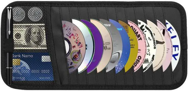 Main image of CD Visor Holder for Car, Large Capacity CD & DVD Visor Case, Vehicle Visor Storage Organizer with 12 Disc Sleeves, 1 Mesh Pocket 1 Pen Holder and & Elastic Band (Black)