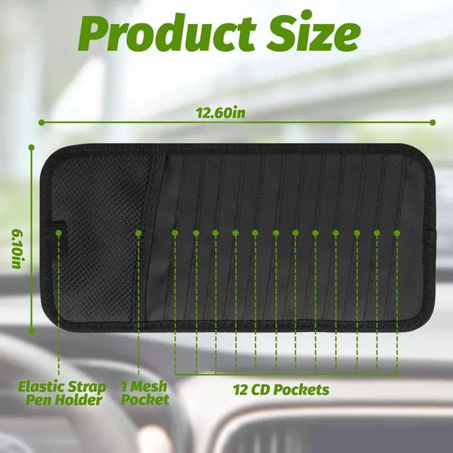 Alt view image 2 of 7 - CD Visor Holder for Car, Large Capacity CD & DVD Visor Case, Vehicle Visor Storage Organizer with 12 Disc Sleeves, 1 Mesh Pocket 1 Pen Holder and & Elastic Band (Black)