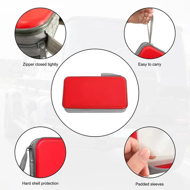 Alt view image 3 of 6 - Car DVD Case, 96 Capacity CD Case Organizer Portable Hard Plastic DVD Storage Holder, CD Disc Storage Wallet Organizer for Vehicle Home Office Travel, Car Accessories (Red)