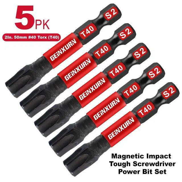 Alt view image 2 of 7 - 5 Pieces T40 2 In. Impact Tough Magnetic Insert Bit Set, #40 Torx Head Power Bits, S2 Alloy Steel Star T40 Screwdriver Bits Set