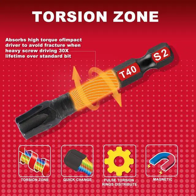 Alt view image 5 of 7 - 5 Pieces T40 2 In. Impact Tough Magnetic Insert Bit Set, #40 Torx Head Power Bits, S2 Alloy Steel Star T40 Screwdriver Bits Set