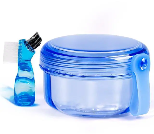 Main image of Leak Proof Portable Denture Bath Case Denture Cleaning Cup, False Teeth Holder Mouthguard Night Guard Container Box Retainer Soaking Case for Travel, Household, Office - Transparent Blue