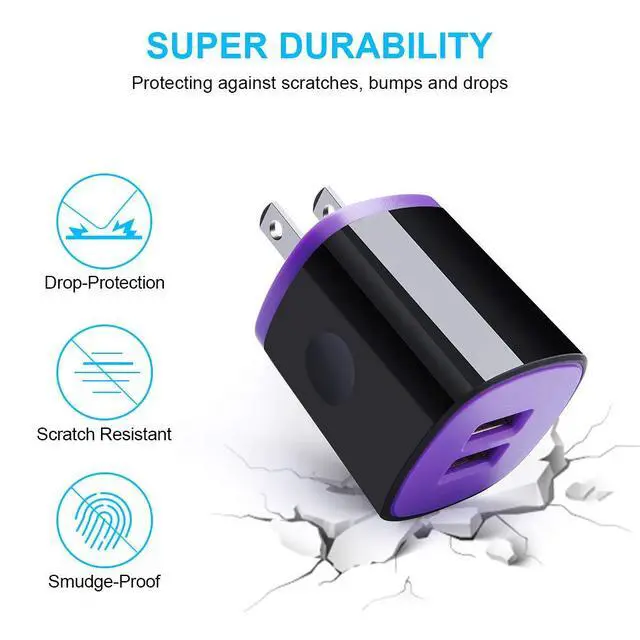Alt view image 4 of 6 - USB Wall Charger, 2Pack Travel Charging Block Dual Port USB Cube Power Adapter Wall Plug Compatible iPhone 17/16/15/14/13/12/11/Pro Max/SE/XS/XR, Samsung Galaxy S24 S23 S22 S21, Pixel 10 Pro (Purple)