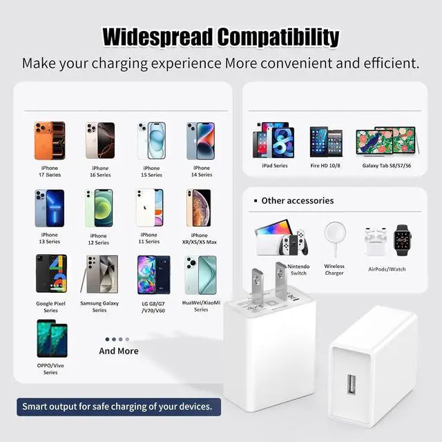 Alt view image 5 of 7 - USB Wall Charger Block Plug,2Pack 5V 2A AC Power Adapter UL Certified Fast Charging Cube Brick Home Travel Use for iPhone 11/12/13/14/15/16/17 Pro/Pro Max/Plus,XS/XR/X,Watch Series 8/7 Tablet,Kindle
