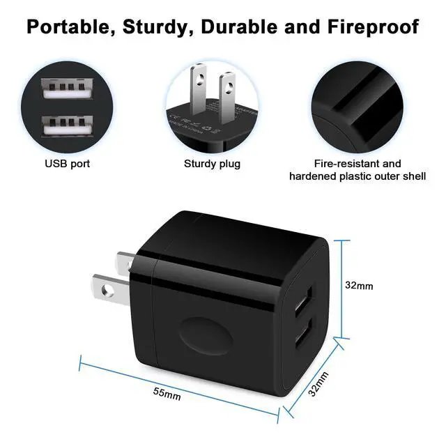 Alt view image 3 of 7 - Black USB Wall Adapter, Dual Port 2.1A Fast Wall Charger Brick Base Cube USB Plug Outlet Phone Box Double Charging Block for iPhone 17 Air Pro Max 16e 16 15 14 13 12 11 XS Max XR X 8 7 6, Pad, Samsung