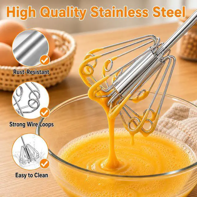 Alt view image 7 of 7 - Hand mixer egg beater,stainless steel semi automatic whisk,egg spinner,wisking tool,whipped cream dispenser,easy whisks for cooking,Beating&Stirring(12in)