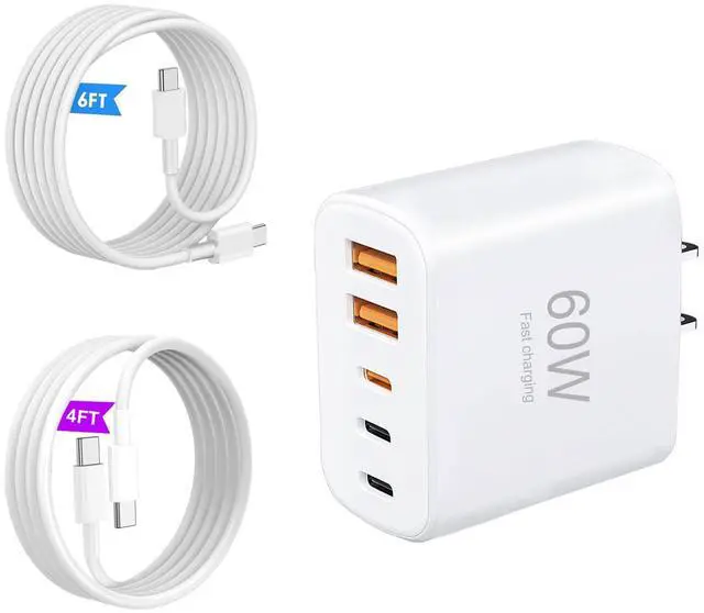 Main image of USB C Wall ChargerMulti-Port (3C+2A) Fast Charging Wall Plug with 4FT& 6FT USB-C Cable Compatible with i Phone 17/16/15/14/13/12/11, XS/XR/X, S ansung S25/S24/S23 and More