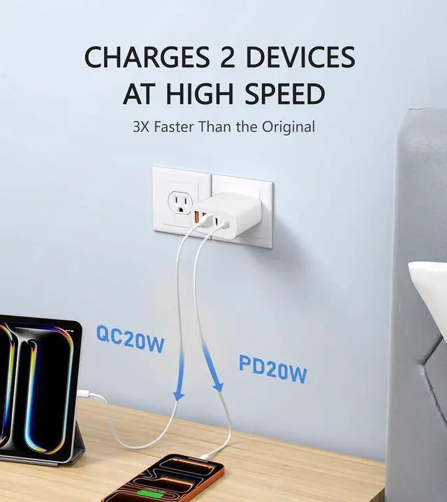 Alt view image 2 of 7 - USB C Wall ChargerMulti-Port (3C+2A) Fast Charging Wall Plug with 4FT& 6FT USB-C Cable Compatible with i Phone 17/16/15/14/13/12/11, XS/XR/X, S ansung S25/S24/S23 and More