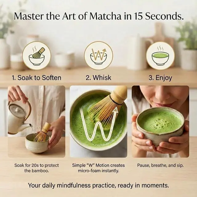 Alt view image 6 of 7 - 100-Prong Bamboo Matcha Whisk (Chasen) - Traditional Green Tea Powder Stirrer & Mixer, Authentic Handcrafted Macha Wisk, Better Than Electric Frother for Matcha Latte, Kitchen Gift for Women