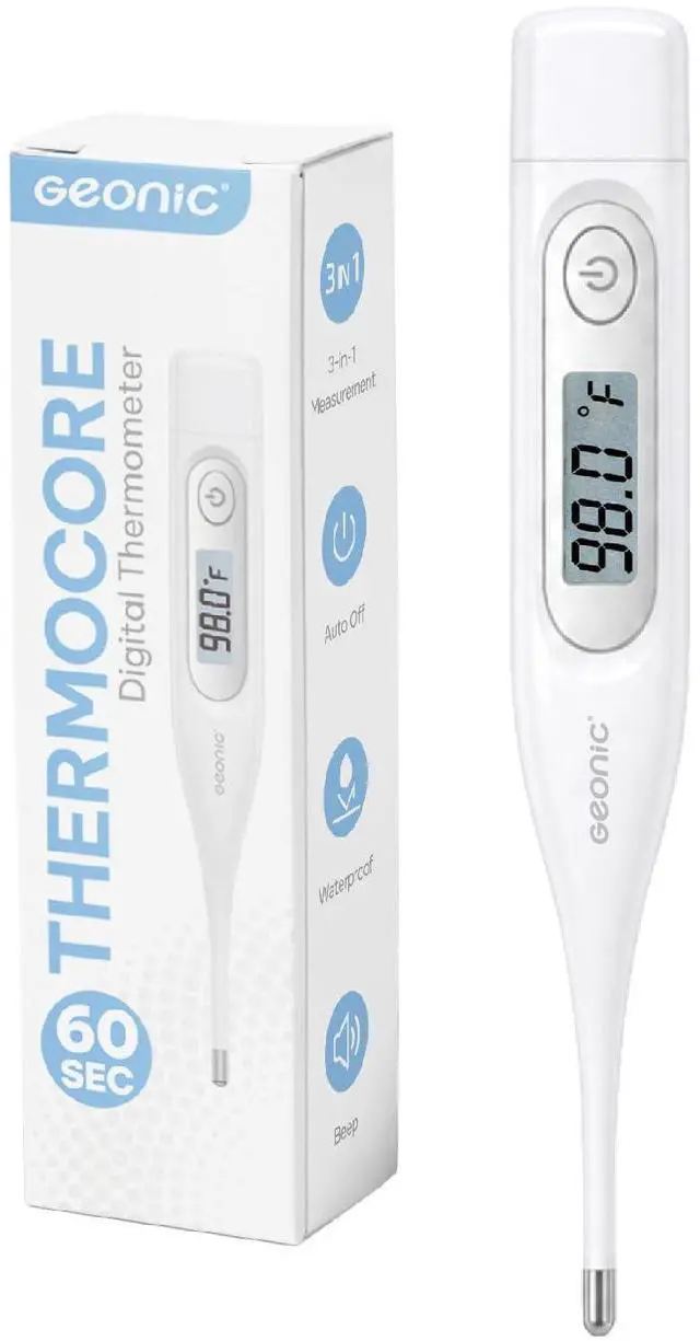 Main image of Digital Thermometer for Adults & Kids, 60-Second Reading, 3-in-1 Oral Rectal Underarm Use, Fever Alarm, Memory Recall, Water-Resistant, White