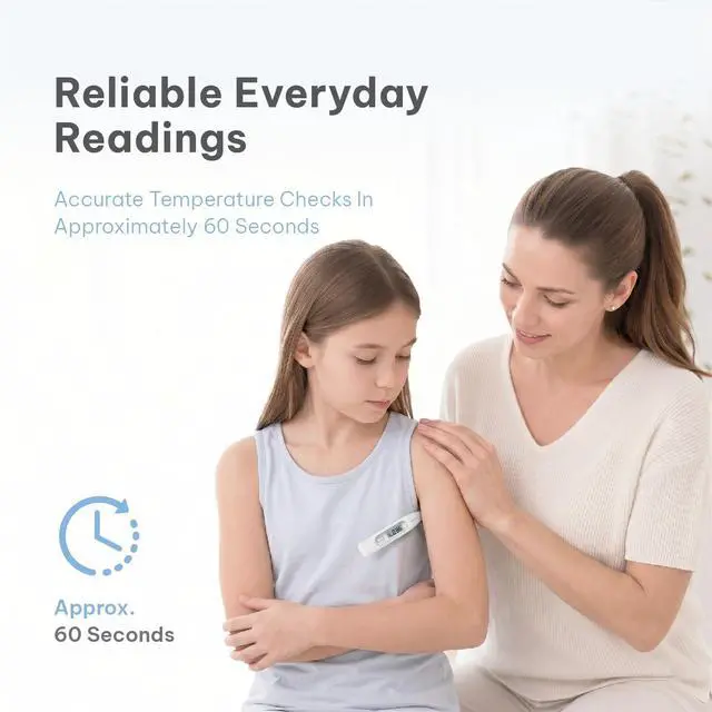 Alt view image 2 of 7 - Digital Thermometer for Adults & Kids, 60-Second Reading, 3-in-1 Oral Rectal Underarm Use, Fever Alarm, Memory Recall, Water-Resistant, White