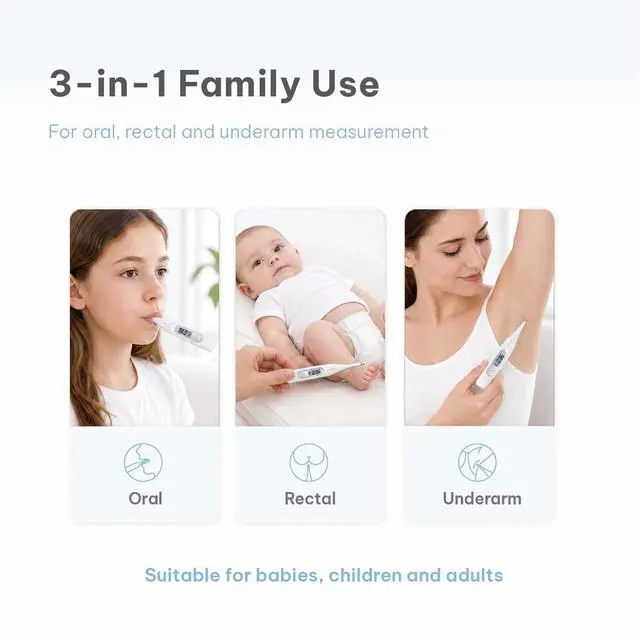 Alt view image 4 of 7 - Digital Thermometer for Adults & Kids, 60-Second Reading, 3-in-1 Oral Rectal Underarm Use, Fever Alarm, Memory Recall, Water-Resistant, White