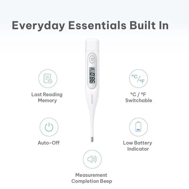 Alt view image 6 of 7 - Digital Thermometer for Adults & Kids, 60-Second Reading, 3-in-1 Oral Rectal Underarm Use, Fever Alarm, Memory Recall, Water-Resistant, White