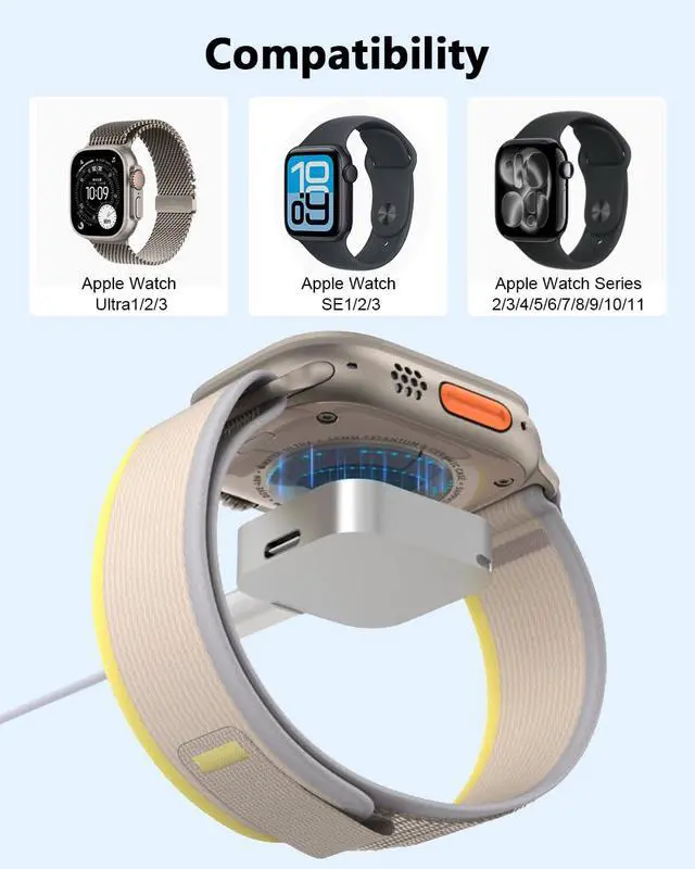 Alt view image 6 of 7 - Charger for Apple Watch Support Lightning USB C,5W Magnetic Wireless Fast Charging iWatch Charger Type C Travel Keychain for iWatch Series Ultra 3/11/10/9/8/7/6/SE3/SE2/5/4/3/2-silvery Portable