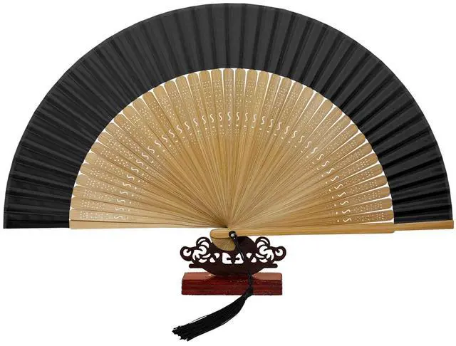 Main image of Bamboo Hand Fan Foldable 8.3 Inch, Portable Folding Fan with Pouch for Church Wedding Makeup, Small Decorative Cooling Fan for Women (Black/Bamboo Frame)