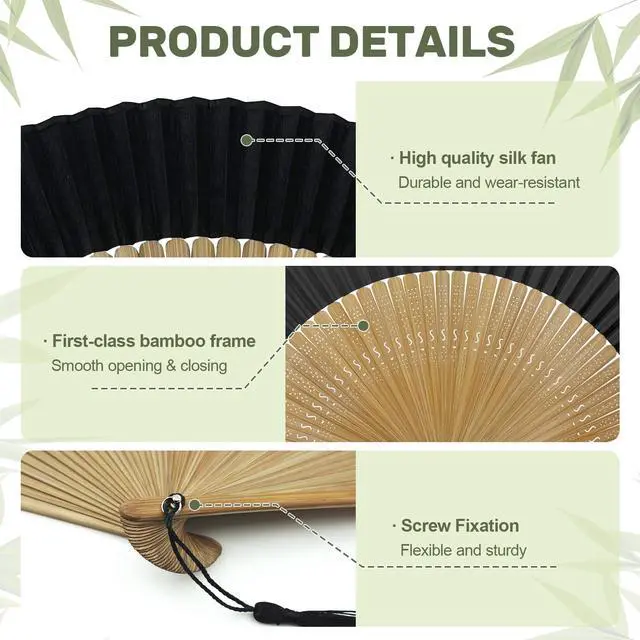 Alt view image 2 of 7 - Bamboo Hand Fan Foldable 8.3 Inch, Portable Folding Fan with Pouch for Church Wedding Makeup, Small Decorative Cooling Fan for Women (Black/Bamboo Frame)