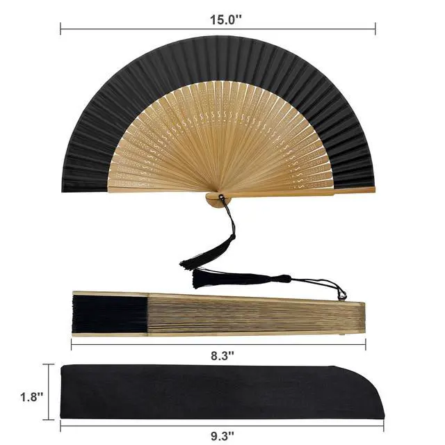 Alt view image 3 of 7 - Bamboo Hand Fan Foldable 8.3 Inch, Portable Folding Fan with Pouch for Church Wedding Makeup, Small Decorative Cooling Fan for Women (Black/Bamboo Frame)