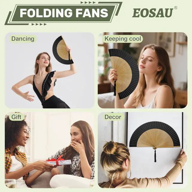 Alt view image 5 of 7 - Bamboo Hand Fan Foldable 8.3 Inch, Portable Folding Fan with Pouch for Church Wedding Makeup, Small Decorative Cooling Fan for Women (Black/Bamboo Frame)