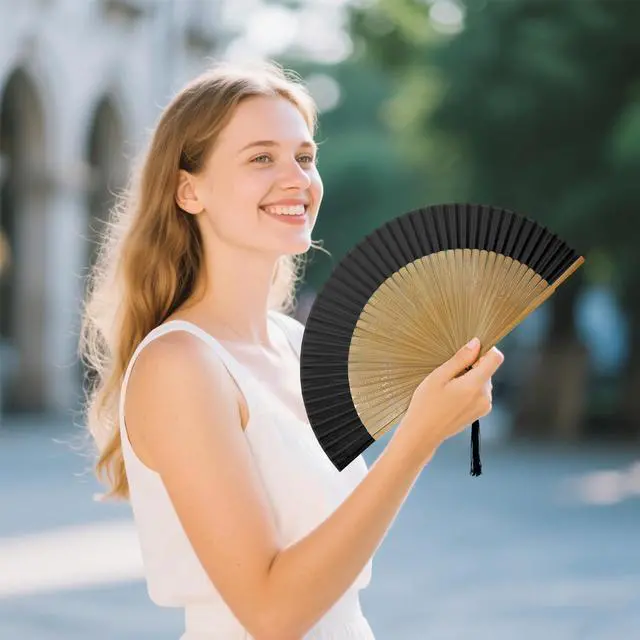 Alt view image 6 of 7 - Bamboo Hand Fan Foldable 8.3 Inch, Portable Folding Fan with Pouch for Church Wedding Makeup, Small Decorative Cooling Fan for Women (Black/Bamboo Frame)