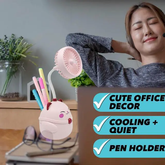 Alt view image 3 of 7 - Cute Pink Cat Desk Fan with Pen Holder Cat Fan for Women, Animal Fan, Funny Office Accessories, Cat Lover Gift, Small USB Fan, Aesthetic Decor