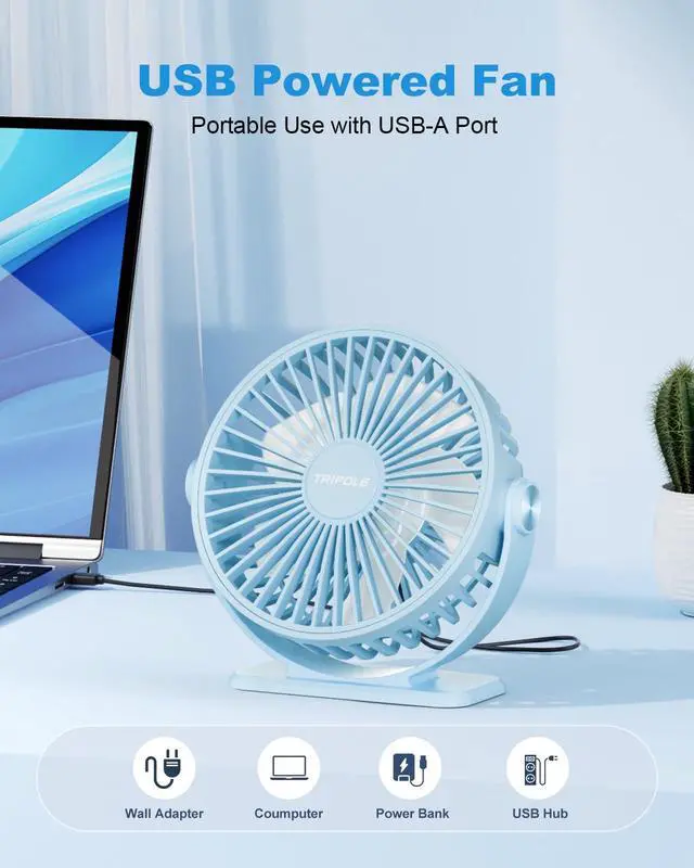 Alt view image 2 of 7 - Small Desk Fan USB Powered Mini Portable Fan, 3 Speeds Strong Breeze Electric Fans, 360° Rotation Quiet Plug In Personal USB Cooling Fans for Desktop Bedroom Office Table Travel Cruise, Blue