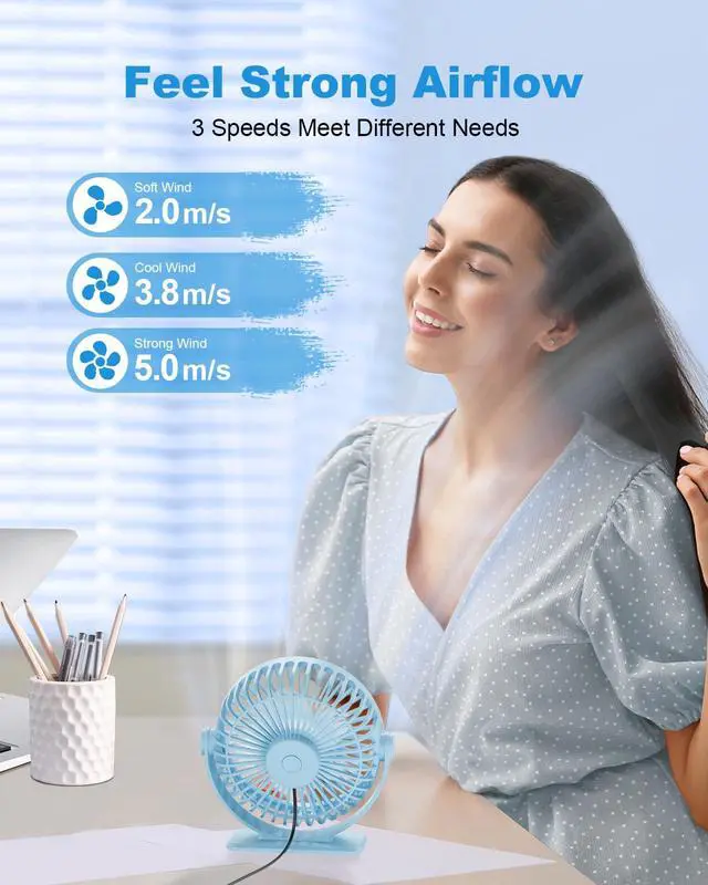Alt view image 3 of 7 - Small Desk Fan USB Powered Mini Portable Fan, 3 Speeds Strong Breeze Electric Fans, 360° Rotation Quiet Plug In Personal USB Cooling Fans for Desktop Bedroom Office Table Travel Cruise, Blue
