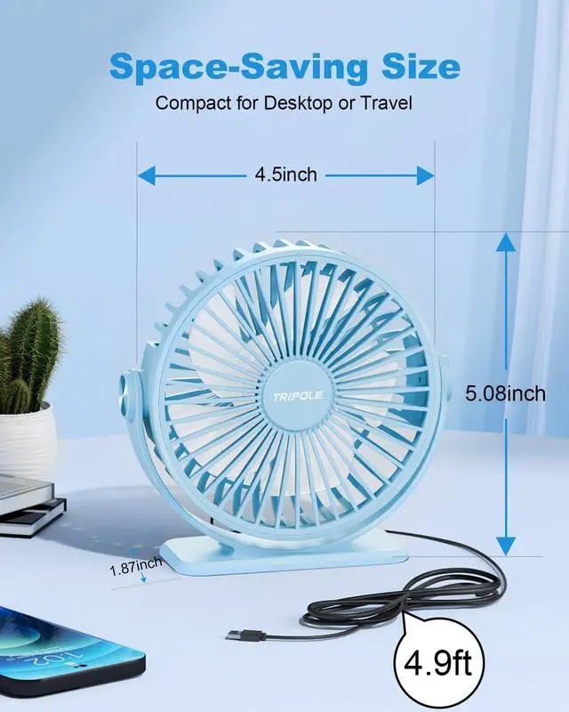 Alt view image 5 of 7 - Small Desk Fan USB Powered Mini Portable Fan, 3 Speeds Strong Breeze Electric Fans, 360° Rotation Quiet Plug In Personal USB Cooling Fans for Desktop Bedroom Office Table Travel Cruise, Blue