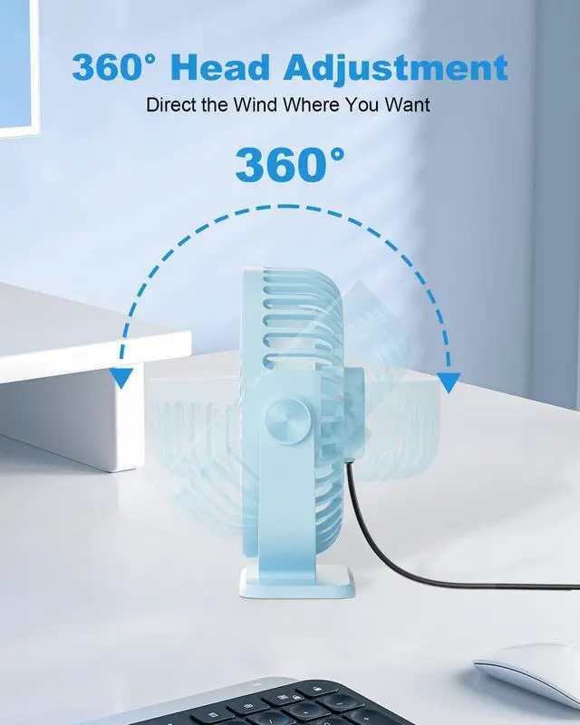 Alt view image 6 of 7 - Small Desk Fan USB Powered Mini Portable Fan, 3 Speeds Strong Breeze Electric Fans, 360° Rotation Quiet Plug In Personal USB Cooling Fans for Desktop Bedroom Office Table Travel Cruise, Blue