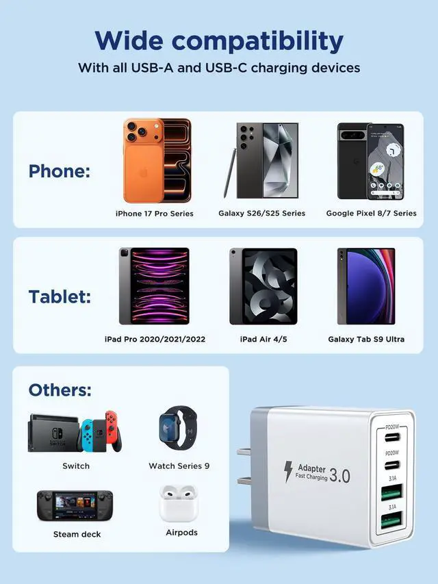 Alt view image 6 of 7 - USB C Charger Block, 40W Fast Charging Block Type C Charging Block 4-Port Dual Port PD+QC Wall Charger Head Cube for iPhone 17 16 15 14 13 12 11 Pro Max XS, iPad, Samsung Phone, Tablet