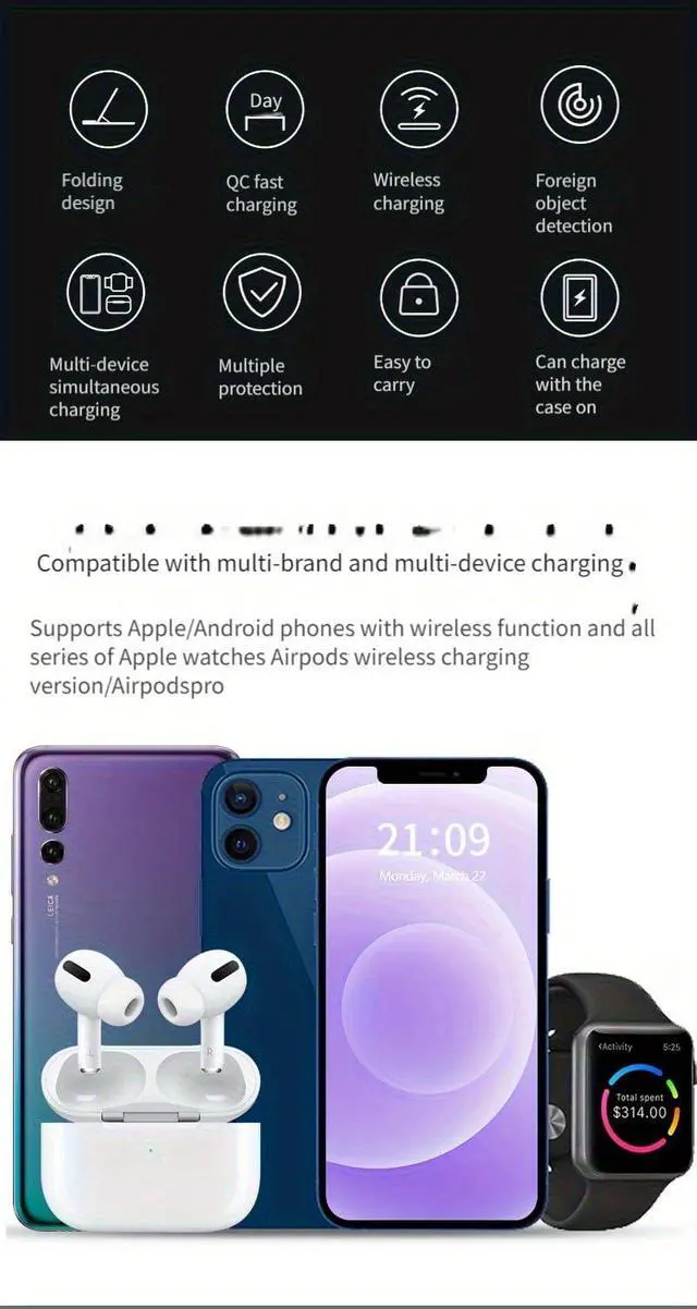 Alt view image 2 of 7 - 3-in-1 Magnetic Wireless Charging Station, 15W Fast Charger for iPhone 17/16/15/14/13/12 Series, Apple Watch Ultra/10/9/8/SE & AirPads Pro/3/2, Foldable Charging Stand for Travel