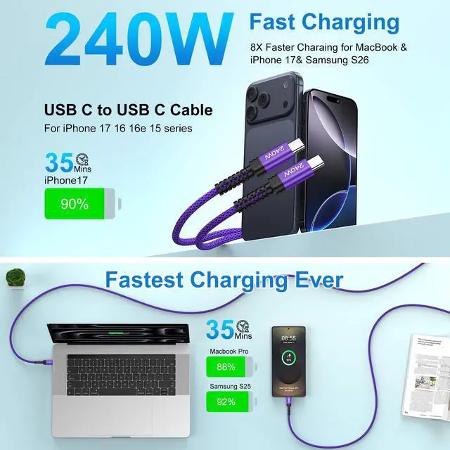 Alt view image 2 of 7 - 240W Samsung Galaxy Charger Fast Charging USB C to USB C Cord 10FT Long Super Fast Android Phone Charger Type C Cable for Samsung Galaxy S26 Ultra A57 A37 S26+ S26 S25 FE Plus A17 A16 A36 A26 A15 A35
