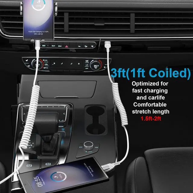Alt view image 2 of 7 - Retractable USB C Cable, 2Pack 3ft Coiled USB-A to USB C Cable Type C Car Charging Cord for Samsung Galaxy A17 A56 S26 Ultra S25 S24 A16 A15 iPhone 17e/17/16/16 Pro Max/15 Pixel 10a 10 Pro XL Fold 9a