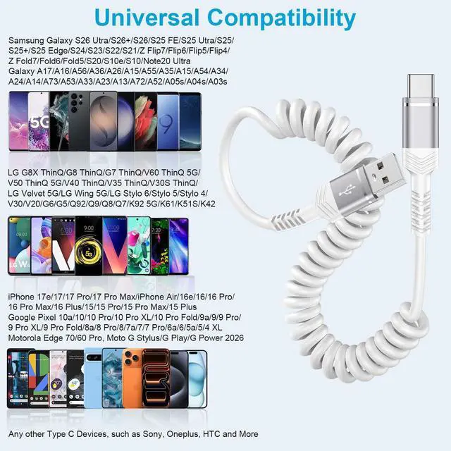 Alt view image 6 of 7 - Retractable USB C Cable, 2Pack 3ft Coiled USB-A to USB C Cable Type C Car Charging Cord for Samsung Galaxy A17 A56 S26 Ultra S25 S24 A16 A15 iPhone 17e/17/16/16 Pro Max/15 Pixel 10a 10 Pro XL Fold 9a