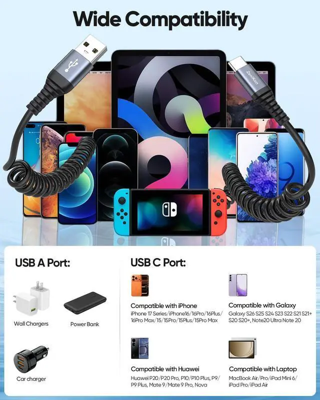 Alt view image 6 of 7 - USB A to USB C Coiled Cable 3FT 2-Pack, Coiled USB C Cable for Car Fast Charging, Android Auto & CarPlay Cable Compatible with iPhone 16/15 Series, Galaxy S25/S24/S23, MacBook, iPad Pro/Air