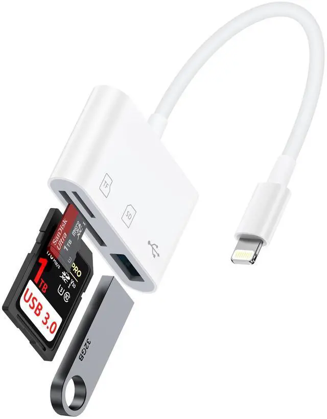 Main image of Lightning to SD Card Reader for iPhone 14 Pro Max/14/13Pro/12/11/XR/8, Micro SD Memory Card Reader with USB Camera Adapter Plug and Play Digital Trail Camera Game Viewer with SD/TF Card Reader Adapter
