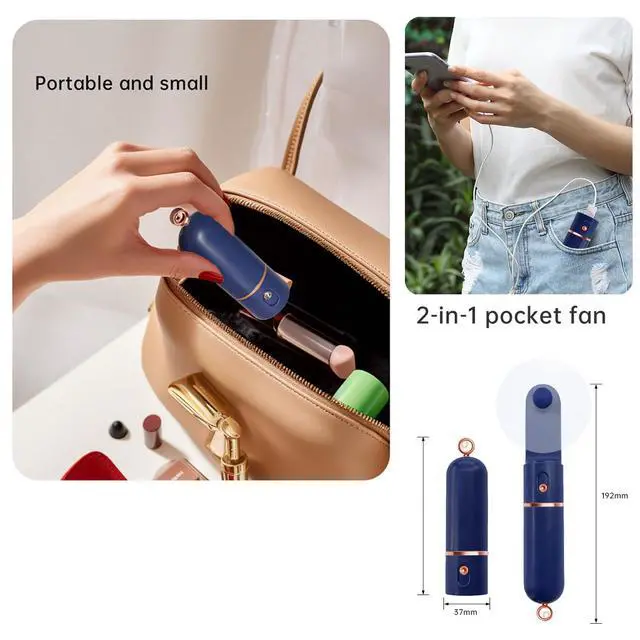Alt view image 3 of 6 - Portable Handheld Fan, USB Rechargeable 3 Speed Personal Small Pocket Fan Travel for Girl Women Outdoor (Navy Blue)