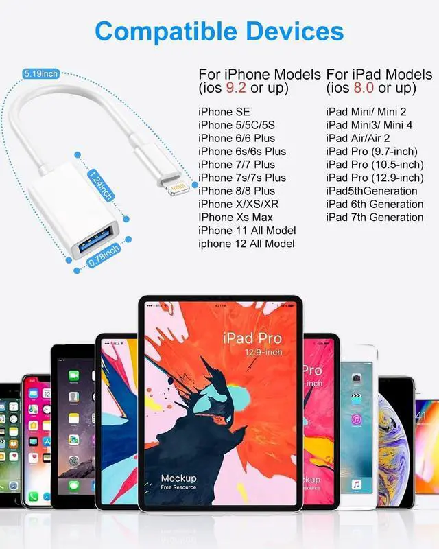 Alt view image 7 of 7 - USB to Lightning Adapter, Lightning Male to USB Female iPhone Adapter for iPhone 14 13 12 11 Pro Max X XS 8 7,iPad,iPhone Camera OTG Adapter Support Connect Camera,Flash Drive,Mouse,Card Reader