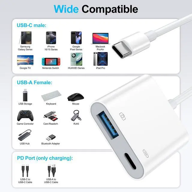 Alt view image 7 of 7 - USB C to USB OTG Cable and Charger Adapter for iPhone 17 Pro Max 16e 16 15 Samsung Galaxy S26 S25 S24 S23 S22 USB C OTG Splitter Camera Adapter with 60W Fast Charger Cable for Chromecast Google TV