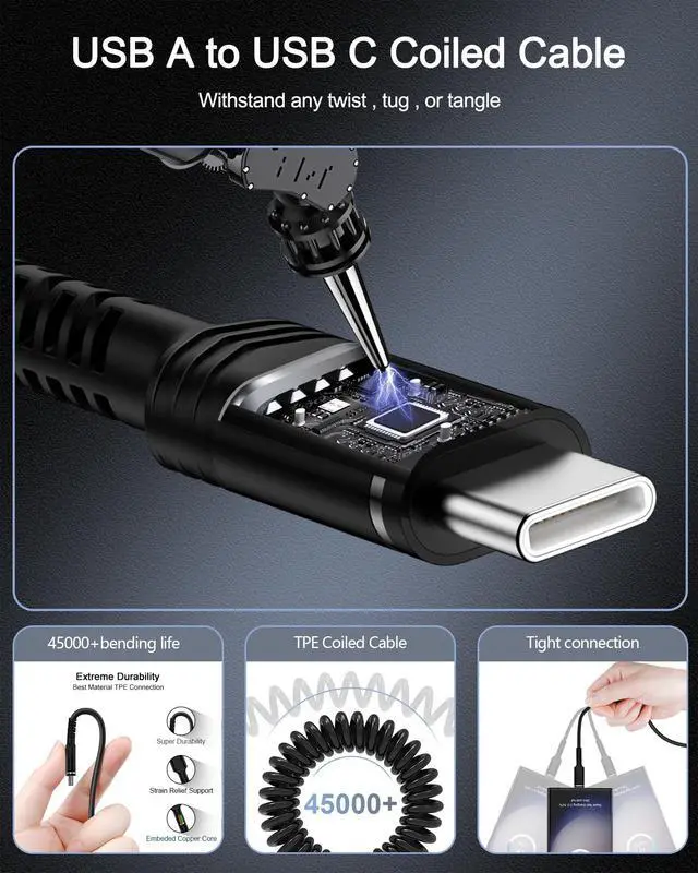 Alt view image 2 of 7 - USB to USB C Cable Coiled Auto Wire, Type C Car Phone Charger Fast Charging Cord for iPhone 17/16e/15 Pro Max/16 Pro/16 Plus/Galaxy/Pixel, Retractable USB-C Power Line for Apple Carplay & Android Auto