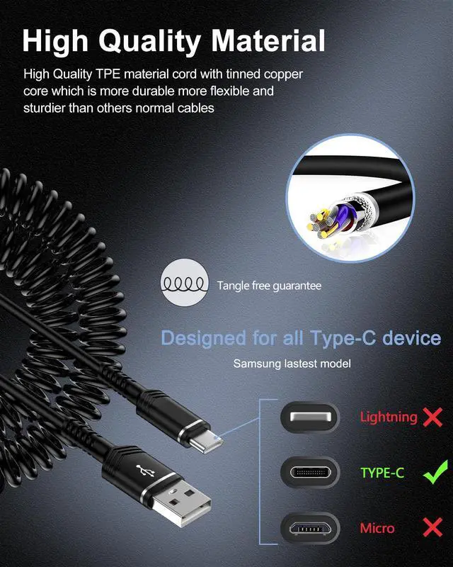 Alt view image 3 of 7 - USB to USB C Cable Coiled Auto Wire, Type C Car Phone Charger Fast Charging Cord for iPhone 17/16e/15 Pro Max/16 Pro/16 Plus/Galaxy/Pixel, Retractable USB-C Power Line for Apple Carplay & Android Auto