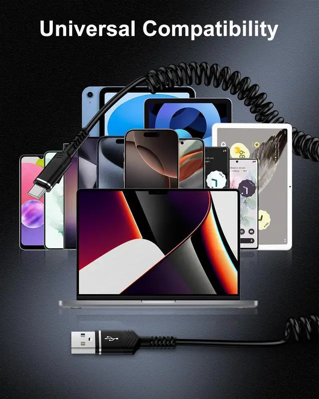 Alt view image 6 of 7 - USB to USB C Cable Coiled Auto Wire, Type C Car Phone Charger Fast Charging Cord for iPhone 17/16e/15 Pro Max/16 Pro/16 Plus/Galaxy/Pixel, Retractable USB-C Power Line for Apple Carplay & Android Auto